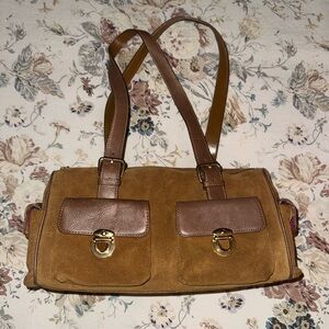 MAXX New York Suede Shoulder Purse Multi Pockets Barrel Bag